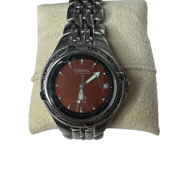 VINTAGE. Fossil Blue AM-3627 Men's  Rotating Bezel Silver Analog Quartz Watch - Picture 1 of 8